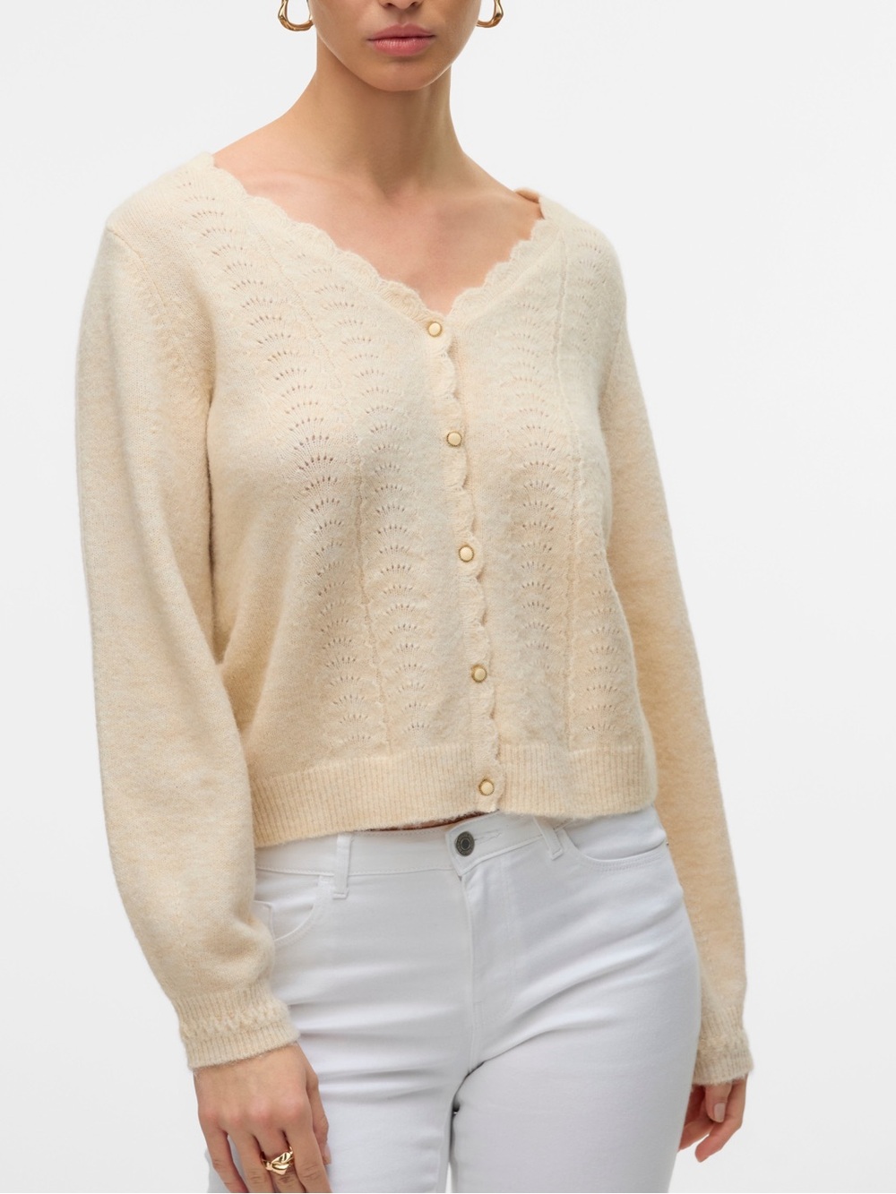 Vero Moda size M Scallop Edge Cream Button-Front Knit Cardigan